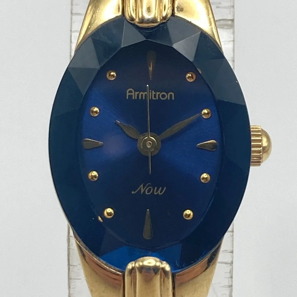 Armitron Now Women's Watch 17mm Gold Tone Blue Dial Faceted New Battery 6.75